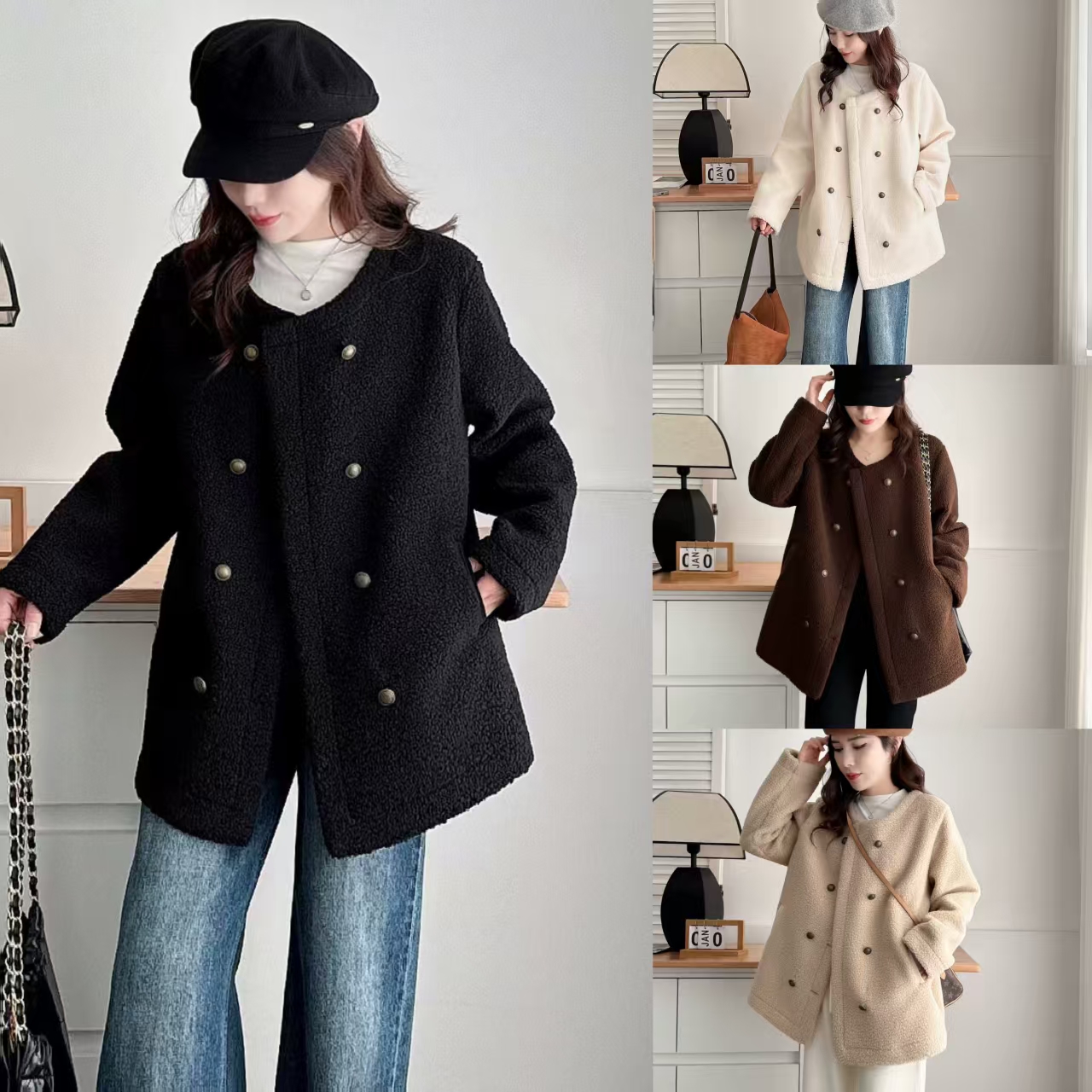 新款显瘦大码气质时尚宽松韩版颗粒绒外套百搭双排扣2458