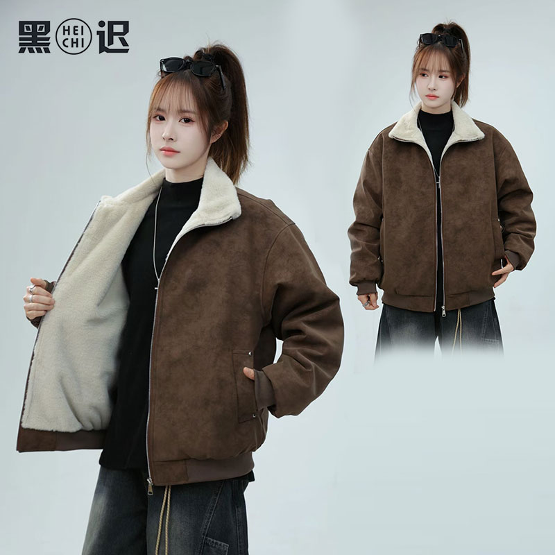 座山雕毛领皮衣棉服男女冬季美式复古加绒加厚外套高级感痞帅棉衣