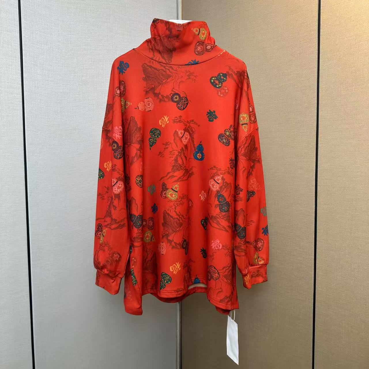 国风式五福葫芦休闲复古港风中长款保暖提花宽松大码女T恤