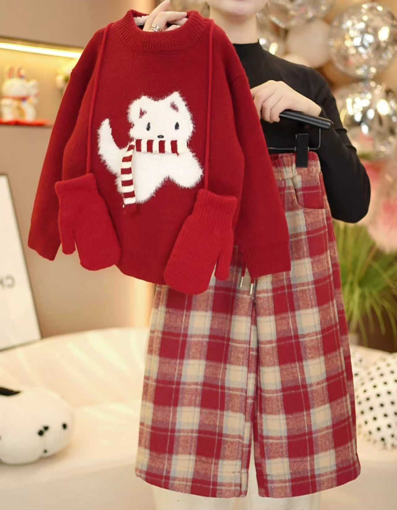【圣诞新年款】女童2025冬季新款卡通加厚毛衣加绒格子裤套装8895