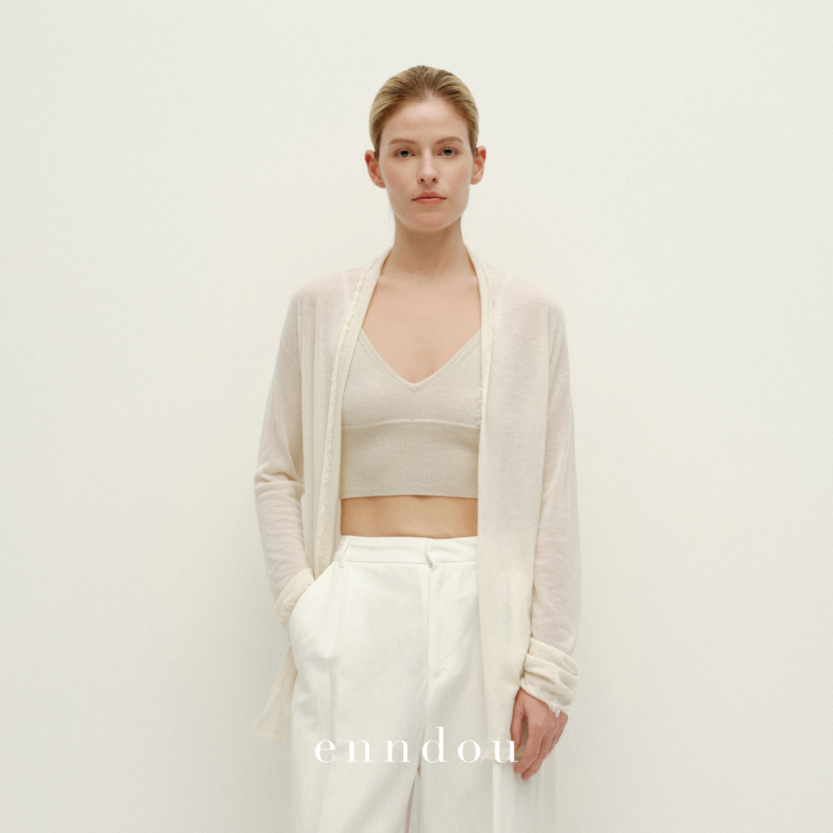 enndou100%水溶羊绒宽松开衫外套女初春搭襟翻领流苏设计中长开衫
