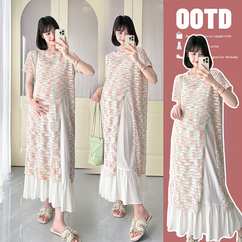 实拍 现货新款孕妇彩色甜美针织镂空连衣裙+内搭吊带裙套装