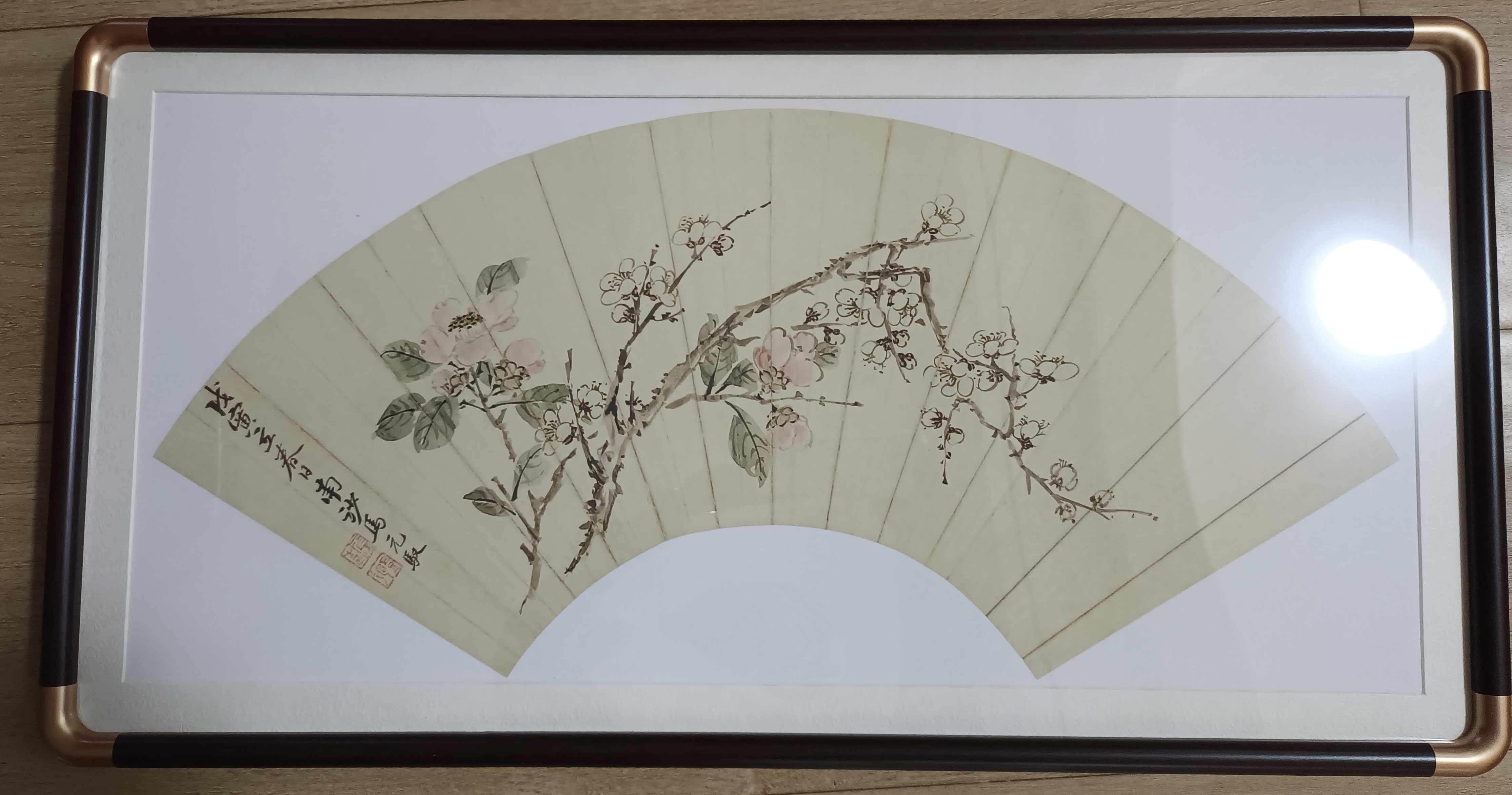 高清原大喷绘复制实木装框王翚扇面系列作品装饰挂画。尺寸65*33