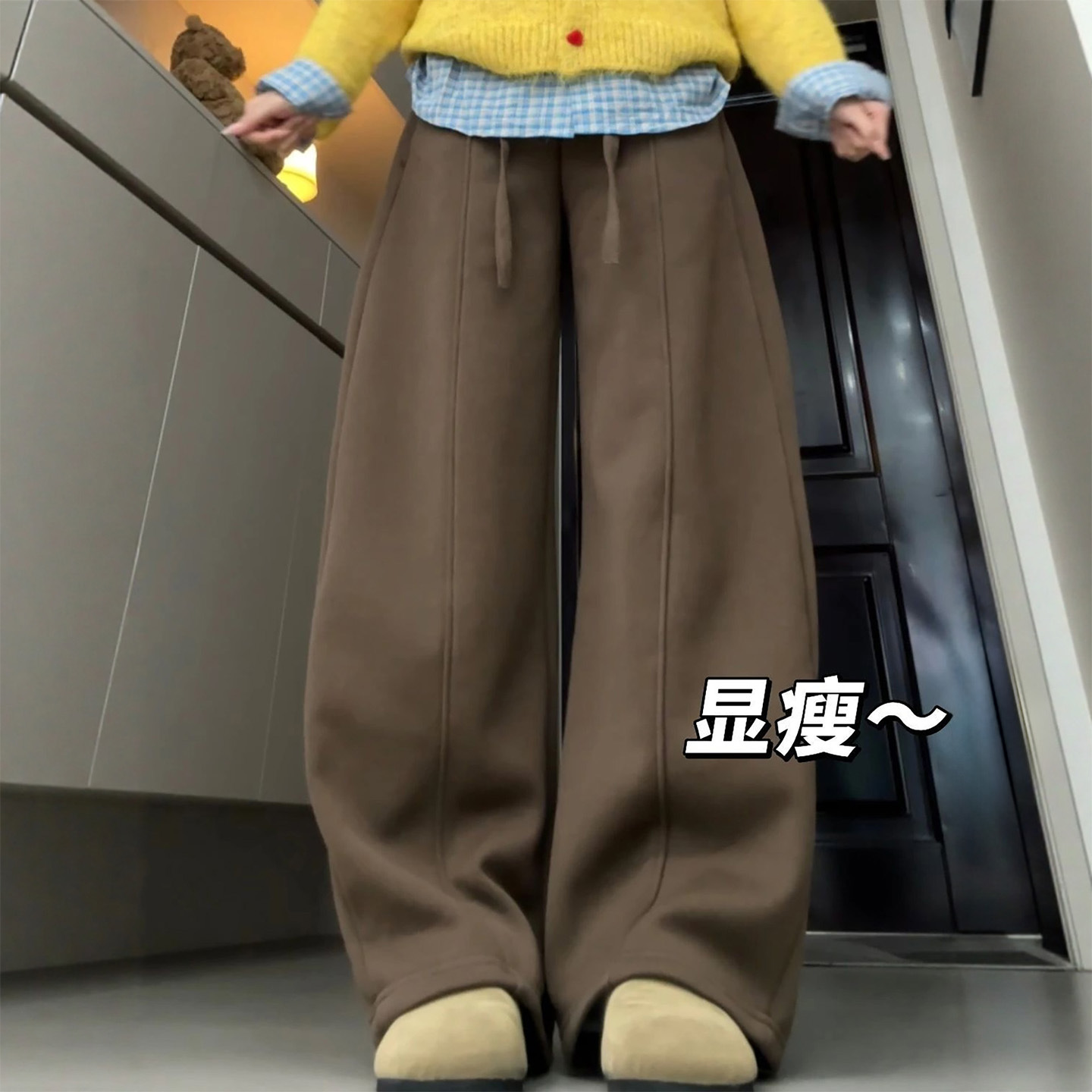 欧棉绒弯刀裤女2025年新款高腰垂感休闲显瘦秋冬季加绒加厚阔腿裤