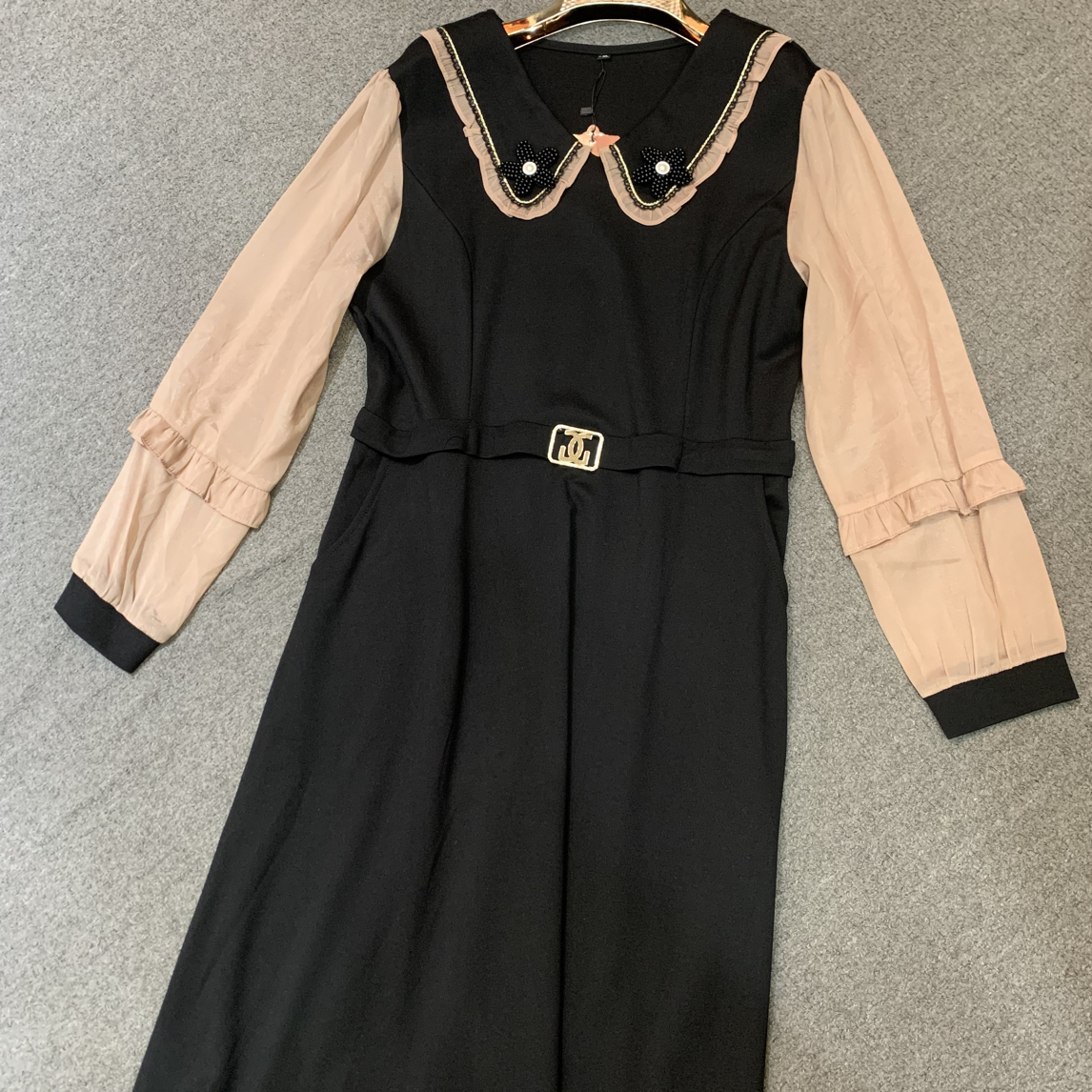 YF！1303#秋拼接收腰连衣裙