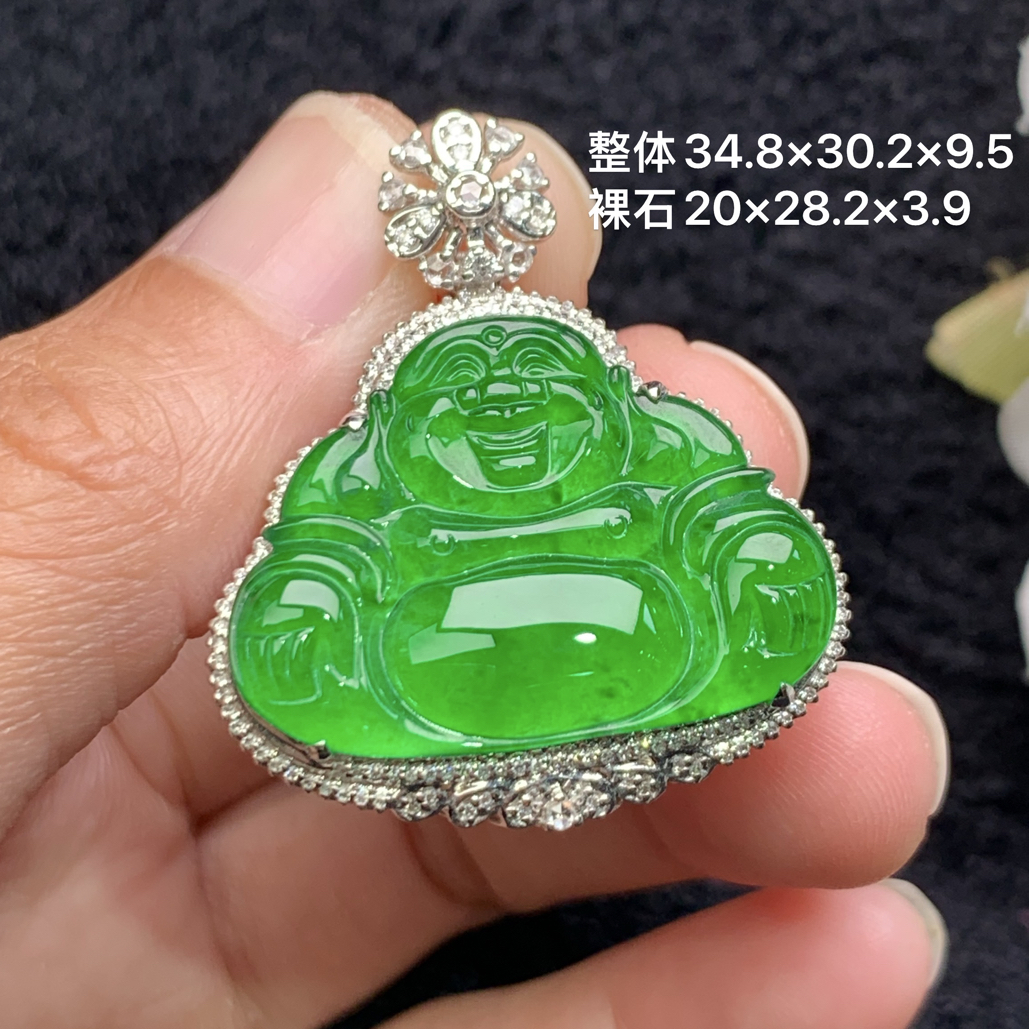 18k金镶嵌天然翡翠阳绿佛公吊坠34.8×30.2×9.5/20×28.2×3.9