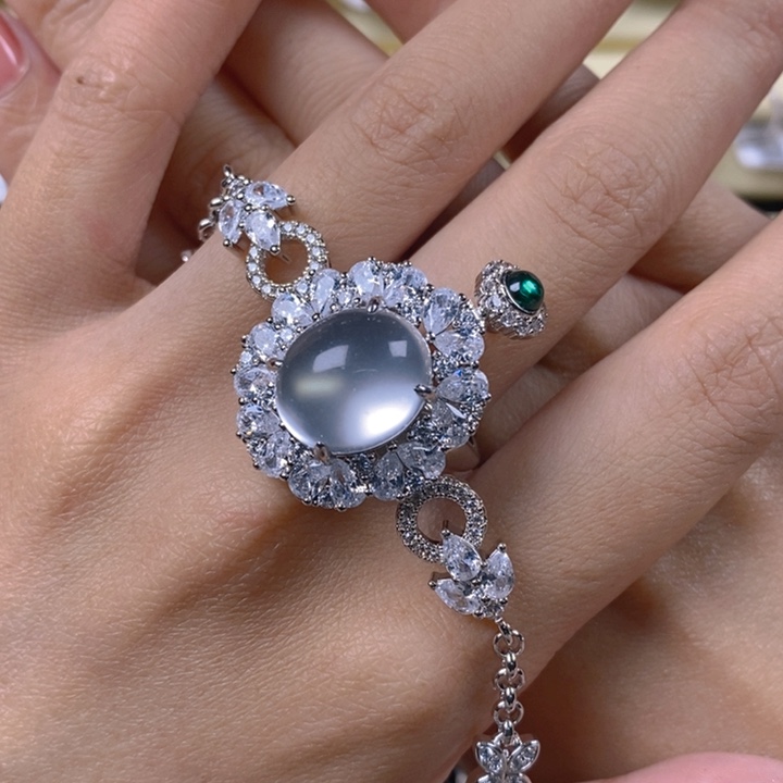 独***空石英质玉银S925镶嵌戒指