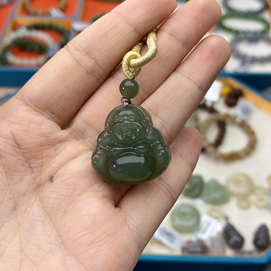 和田玉未镶嵌颈饰w12湖水绿猫眼佛公
