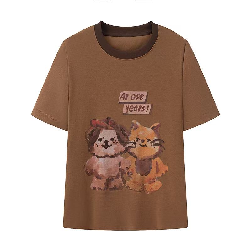 【艾家】商场同款2025夏新款宽松显瘦休闲短袖卡通印花T恤女6125