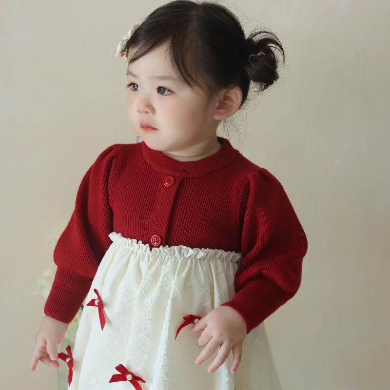 女童连衣裙秋冬女宝宝针织衫蝴蝶结公主裙新年礼服毛衣裙