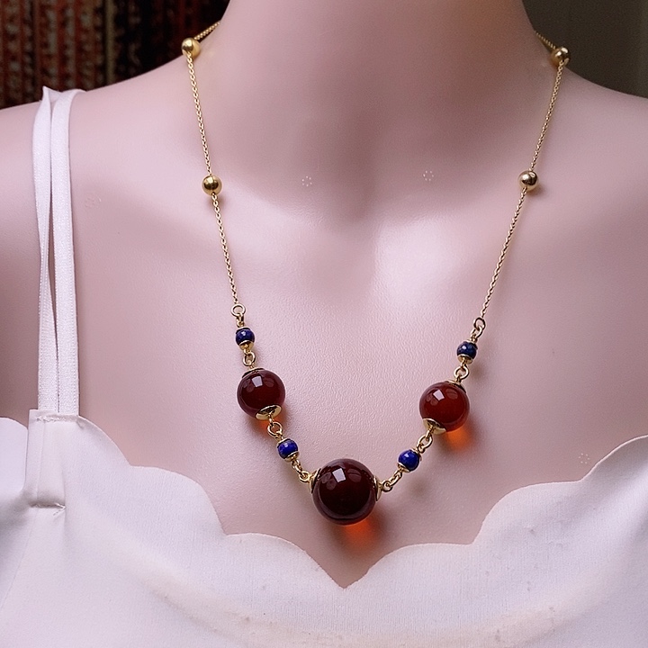 琥珀颈饰银S925镶嵌项链