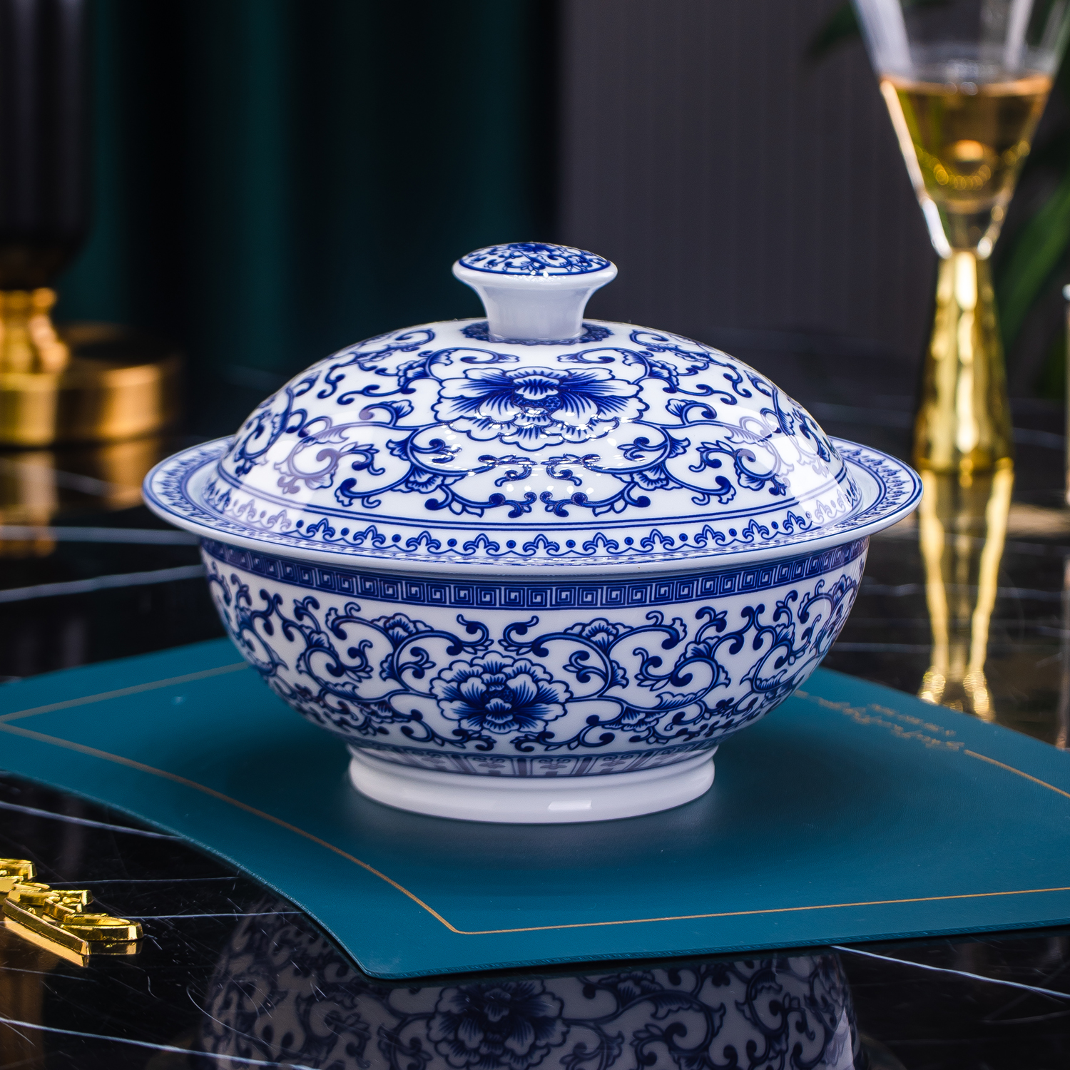 釉下彩高温陶瓷青花瓷餐具带盖大汤碗品锅汤盆新中式家用大号汤碗