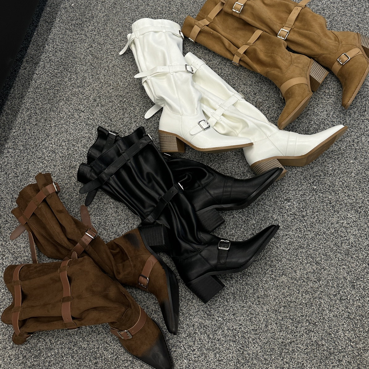 欧美时尚尖头褶皱骑士靴辣妹皮带扣堆堆靴调节显瘦不过膝宽筒靴女