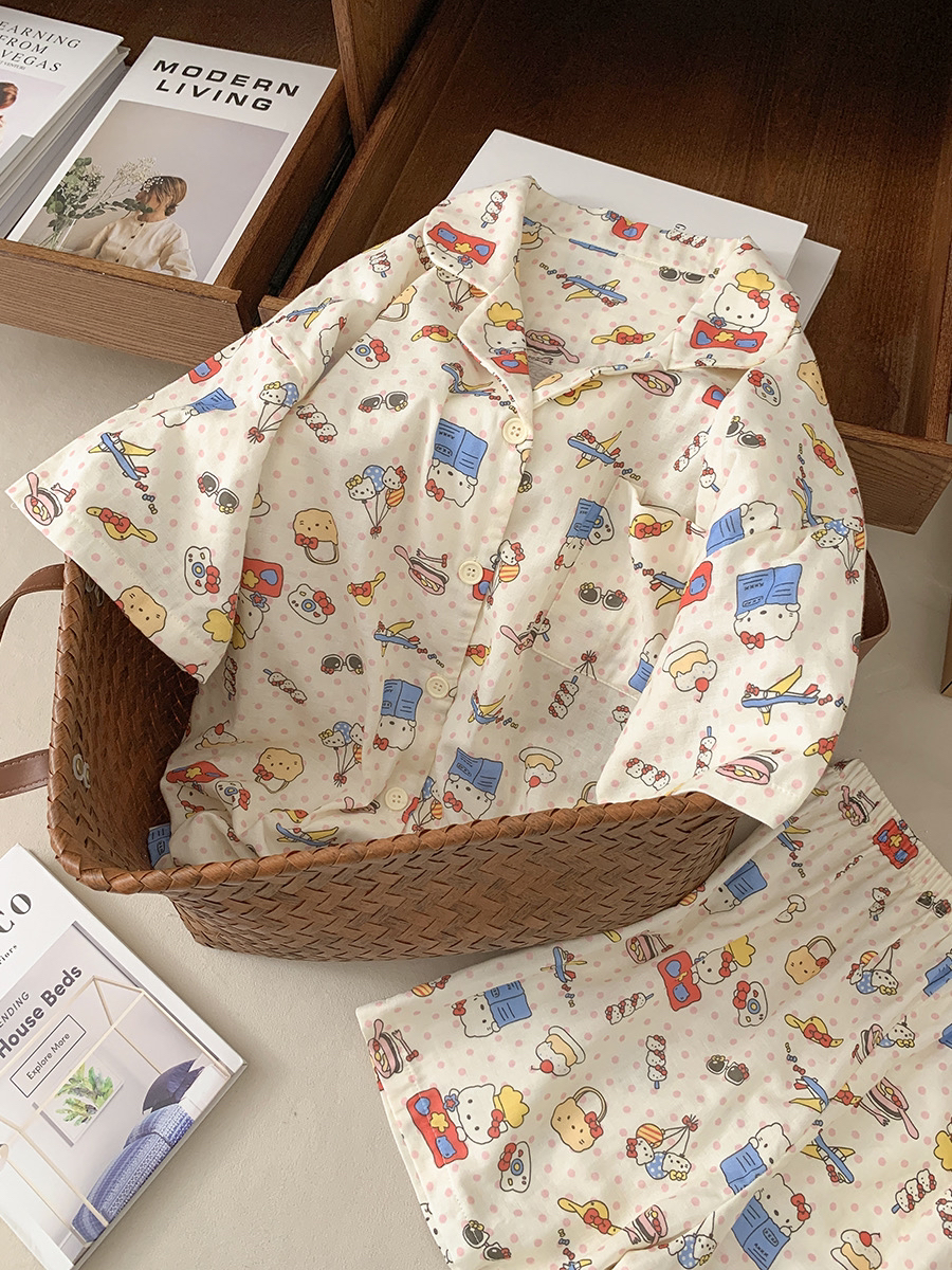 满印卡通KT乐园双层棉纱睡衣女夏季短袖短裤趣味ins风学生家居服