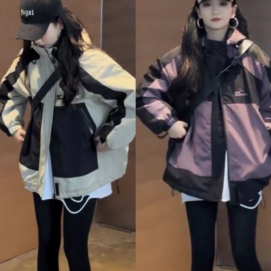 女士连帽二棉撞色冲锋衣加厚冬季中长款夹克开衫潮流款外套洋气