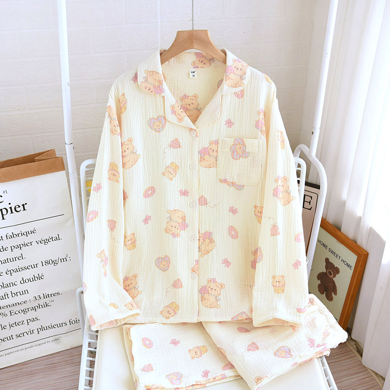 春上新~双层绉纱睡衣女款A类纯棉长袖薄款宽松翻领全棉家居服