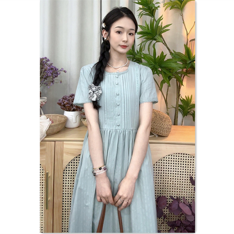 大乔【清音】拼接花边纯棉提花短袖i连衣裙夏季清凉透气方领显瘦