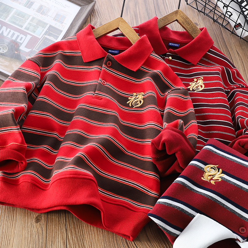 新年款红色条纹儿童卫衣加绒加厚POLO衫男女童中大童装衣服25861
