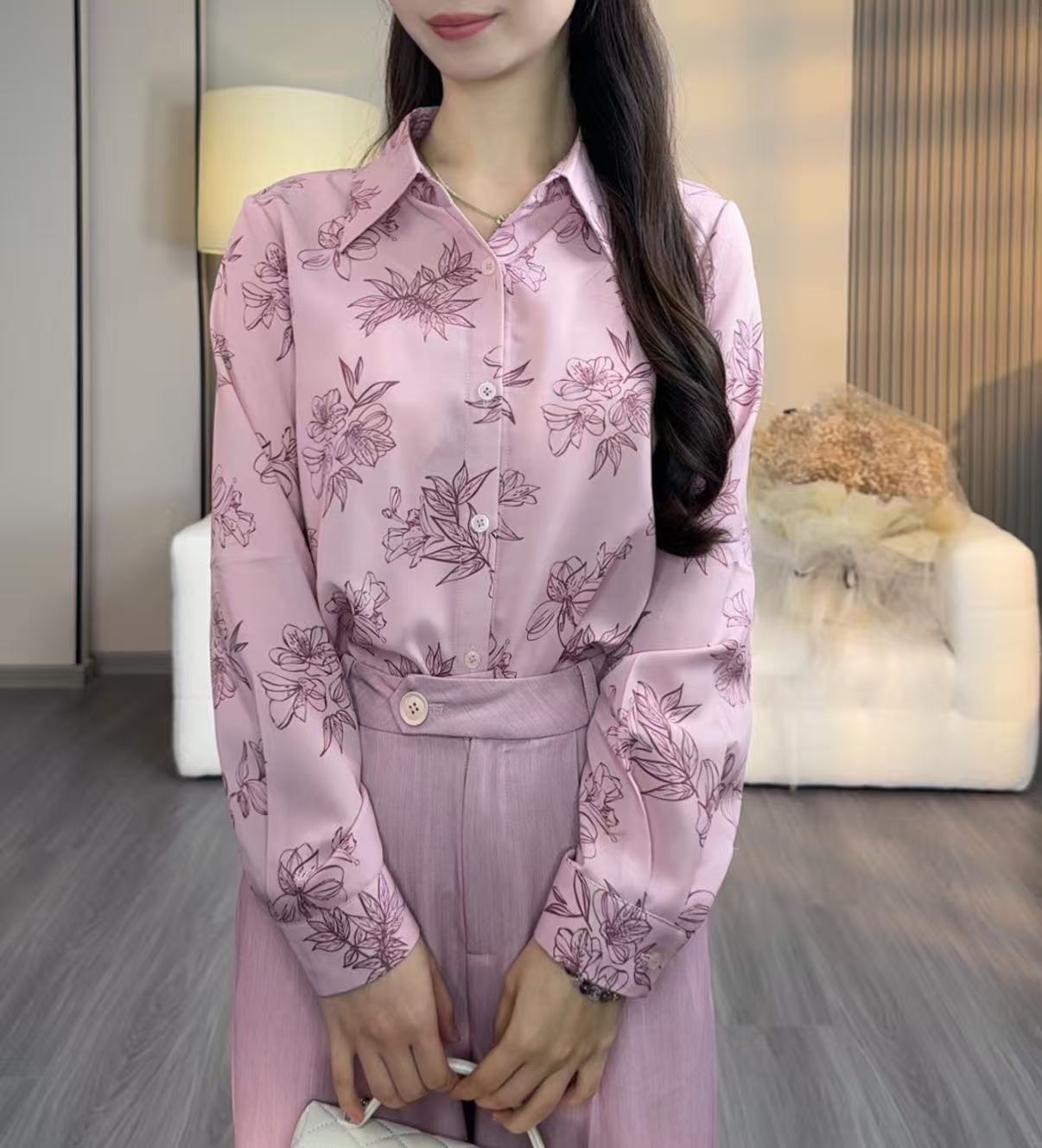小个子气质翻领复古刺绣长袖衬衣