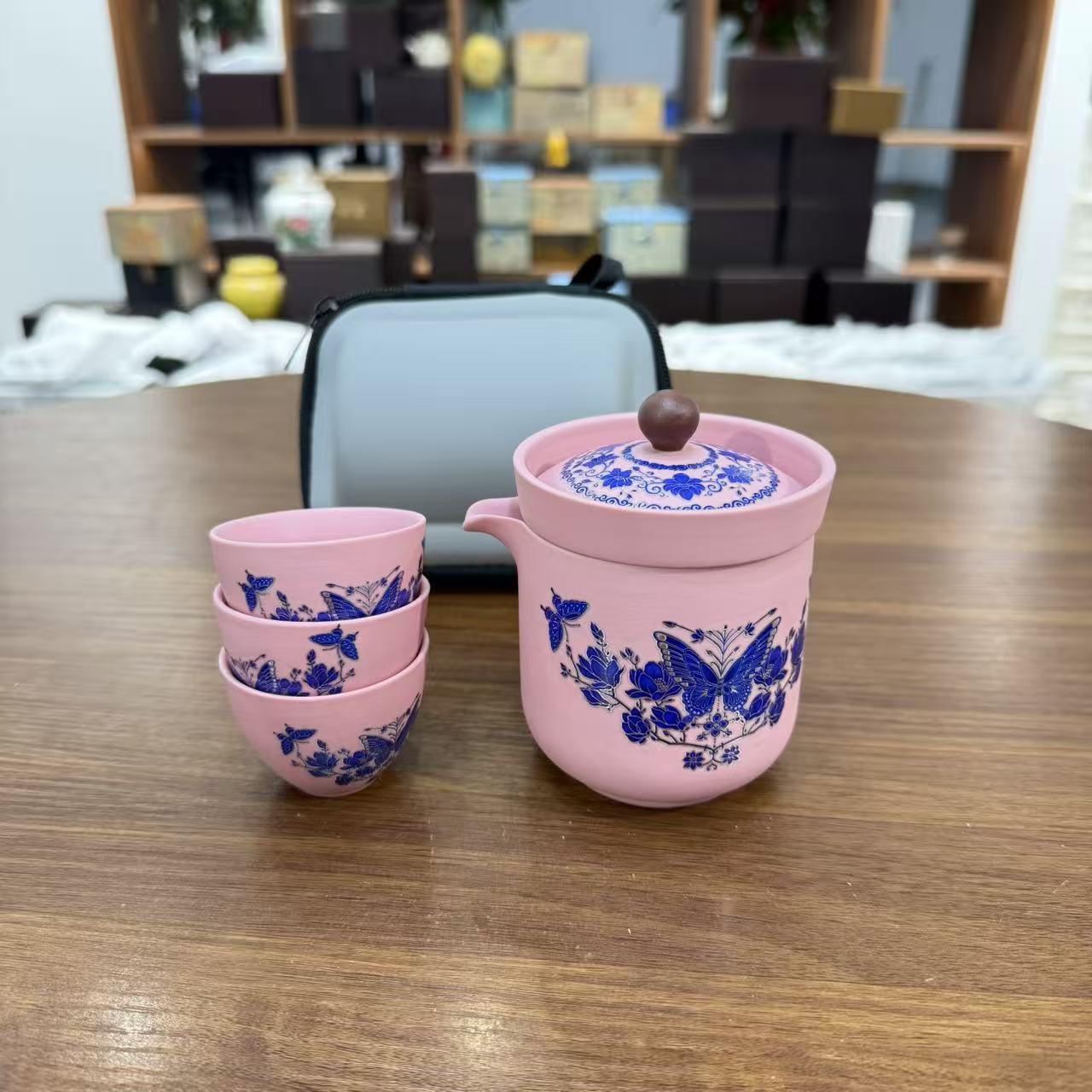 A097篱缘居旅行茶具粉泥蓝蝴蝶快客3杯带包