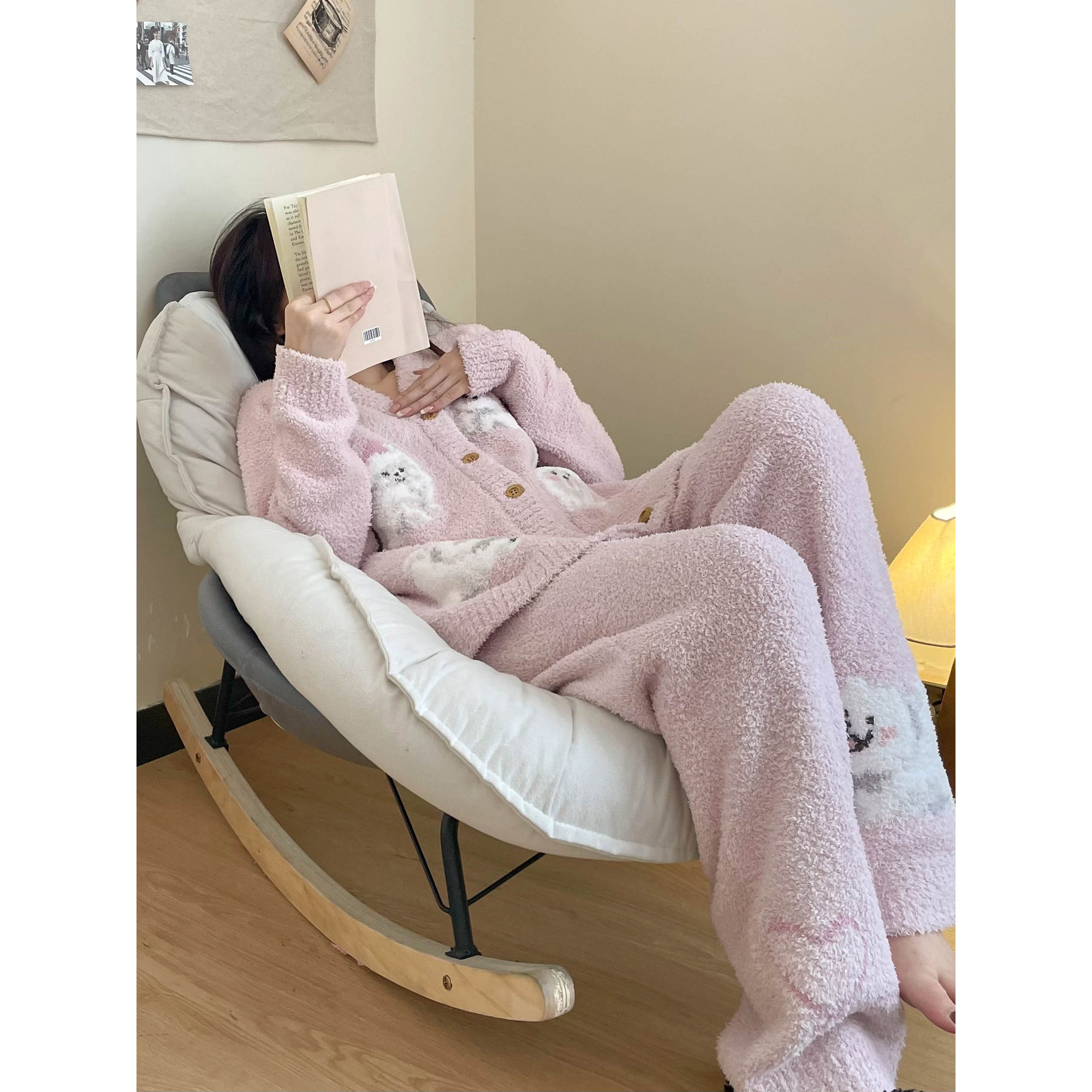 韩系萨摩耶小狗针织半边绒睡衣女冬季2025新款保暖加厚家居服套装