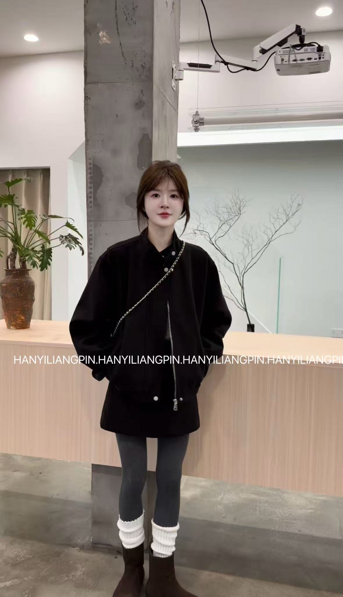 【咖啡】韩版加厚款夹克套装（有单独裙子）