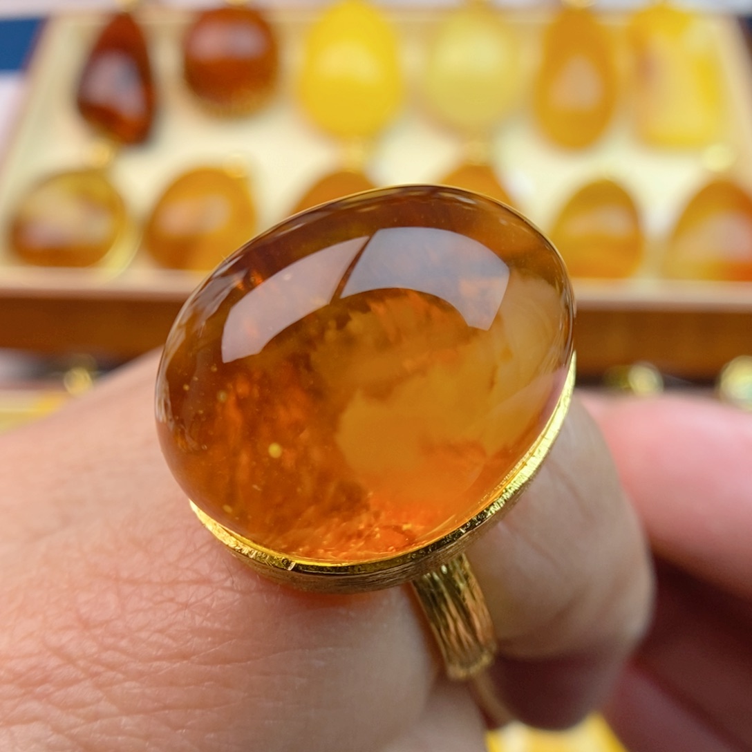 琥珀戒指银S925镀金镶嵌