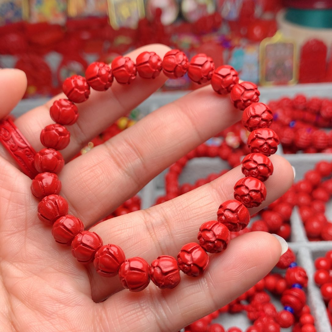 天然辰砂工艺品朱砂莲花手串