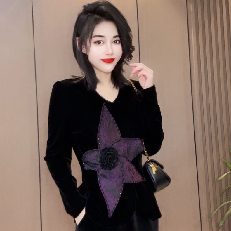 时尚串珠立体花丝绒衫上衣黑色秋冬欧货6758长袖