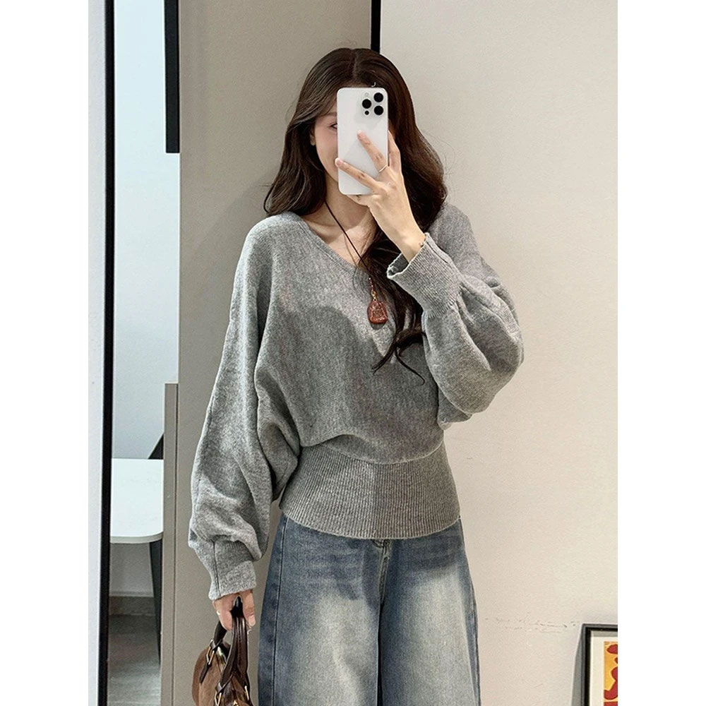 大码胖mm韩系慵懒风V领蝙蝠袖针织衫女秋季绑带收腰显瘦毛衣上衣