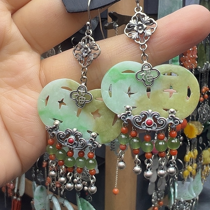 甜***窝翡翠银S925镶嵌耳饰