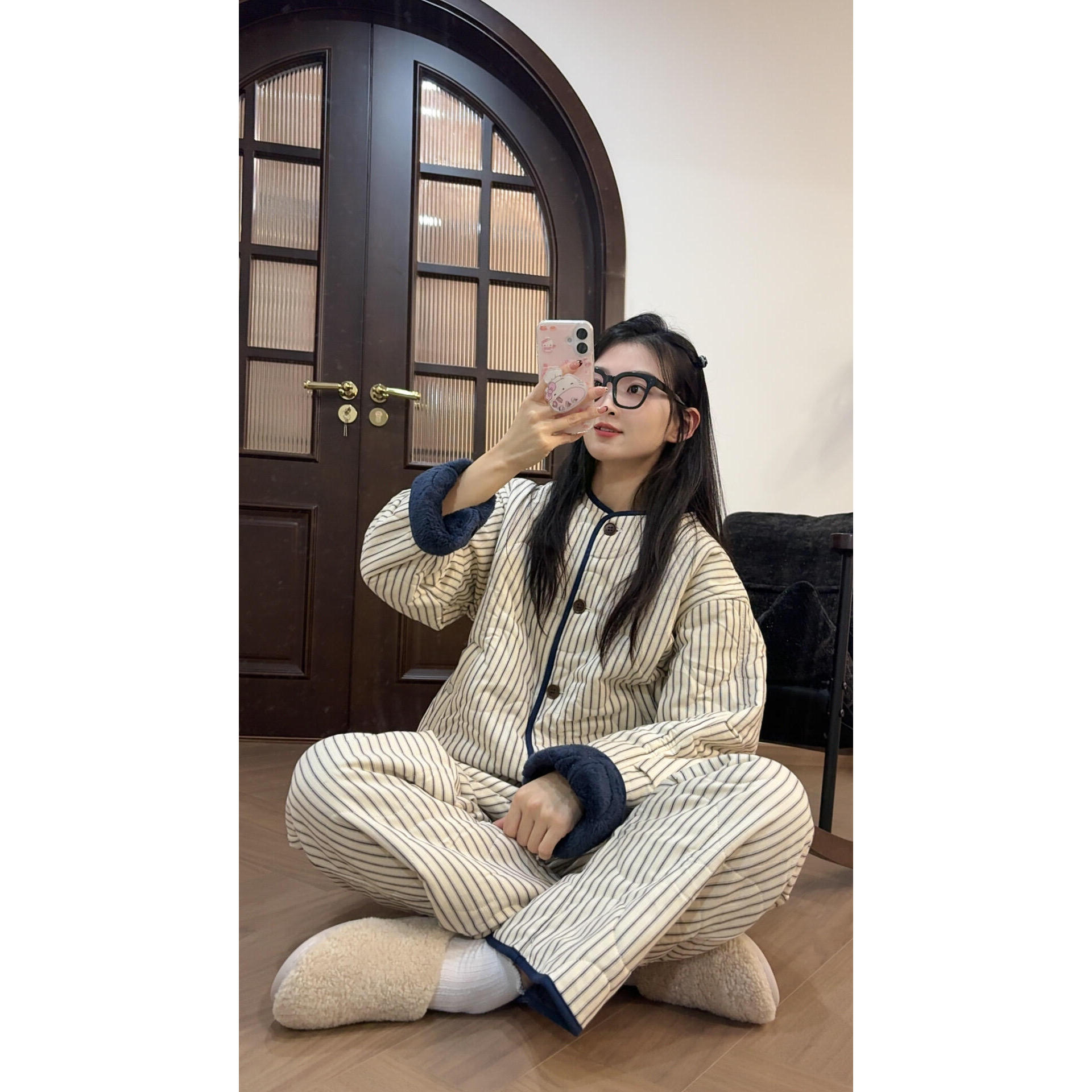 简约条纹慵懒感夹棉睡衣女冬季新款保暖加绒加厚家居服套装可外穿