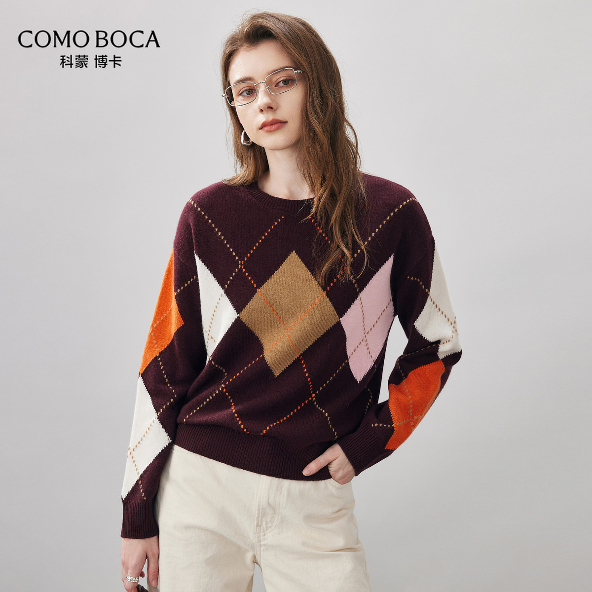 COMOBOCA/科蒙·博卡厚纯羊毛衫圆领菱形格纹红毛衣打底衫KST5128