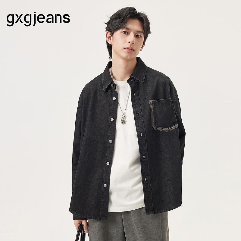 gxg.jeans男装 黑色复古撞色口袋时尚宽松牛仔衬衫外套 25秋新品