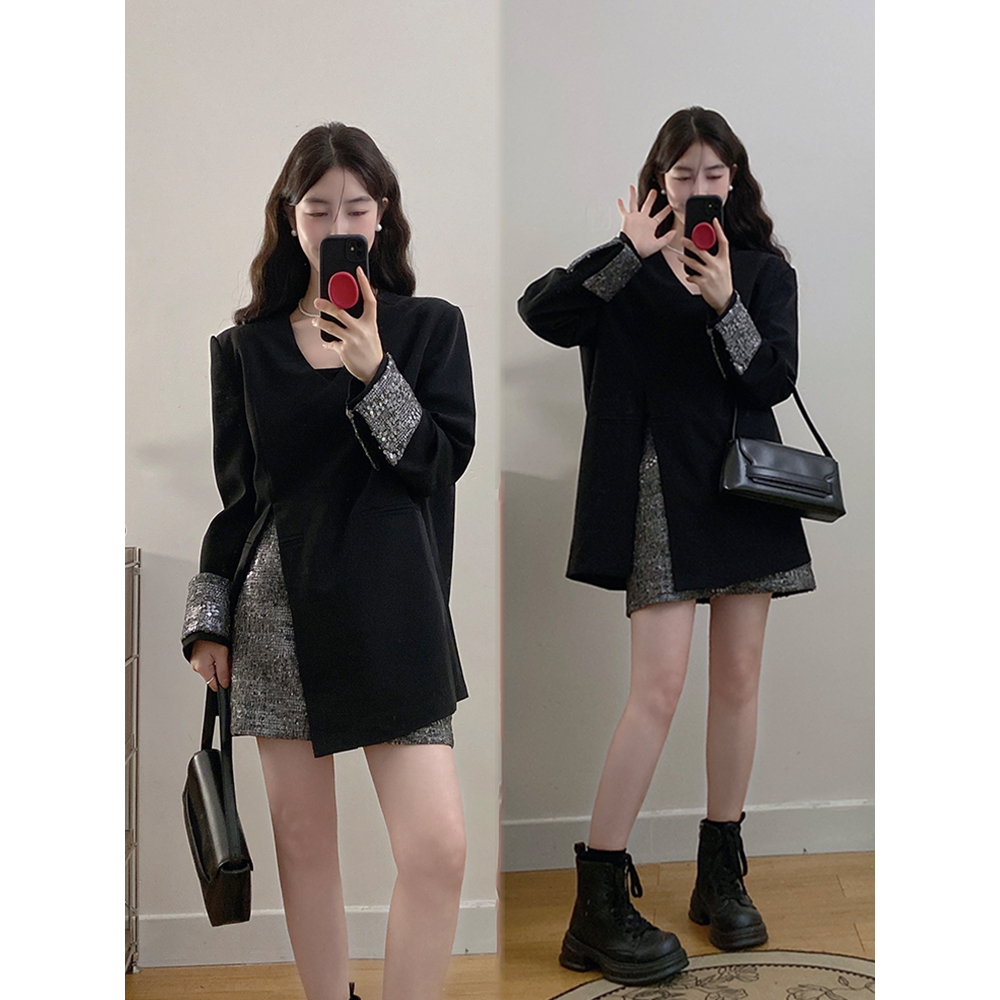 2025春夏季新款气质V领开叉拼接亮片半身裙两件套