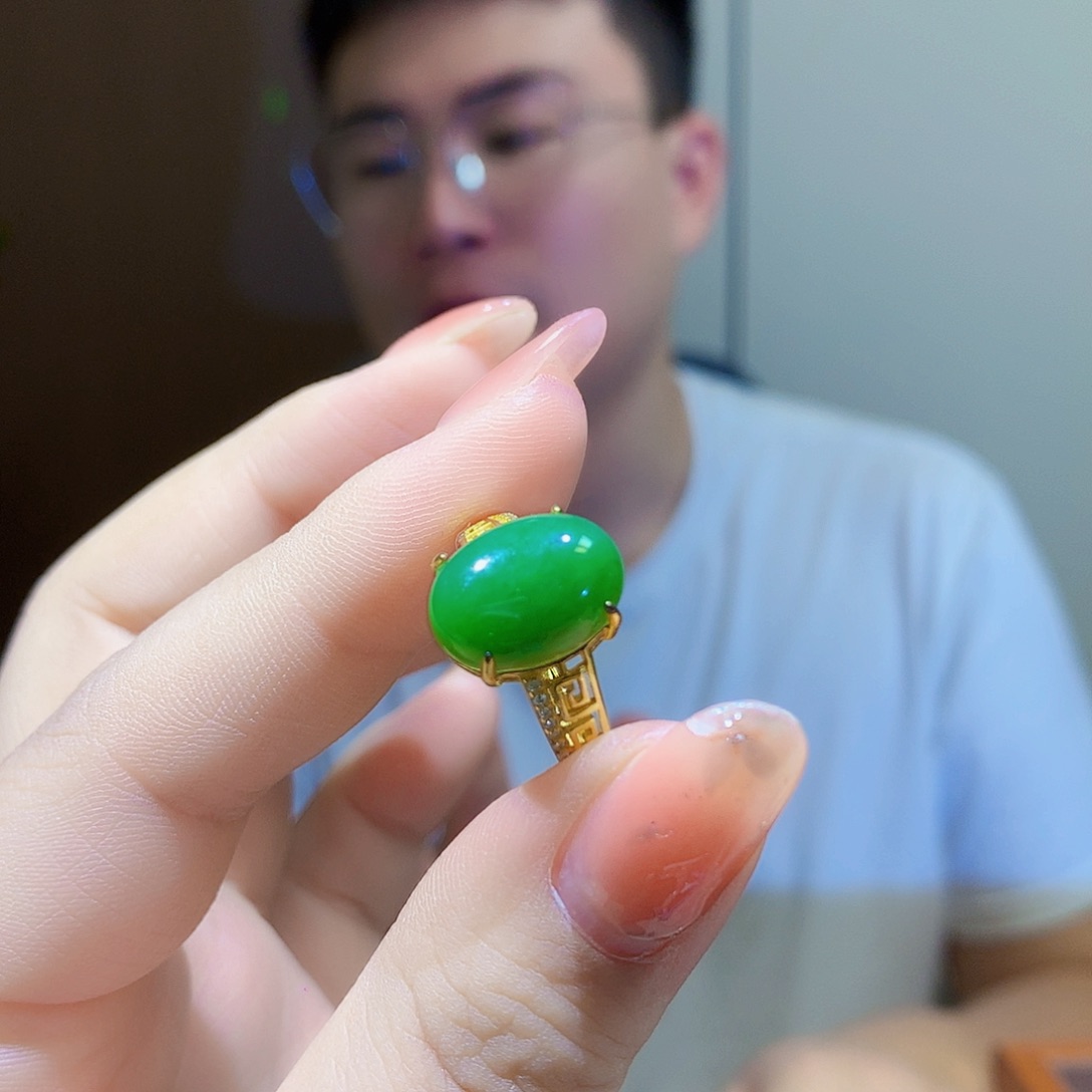 银S925镀金镶嵌戒指和田玉（碧玉）