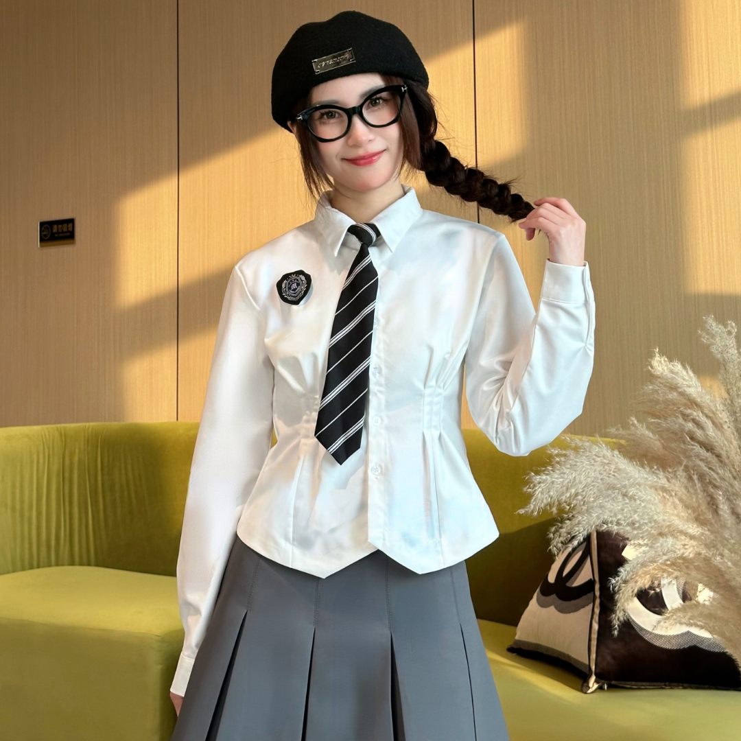 【单件衬衫】JK制服日系学院风灰色辣妹春秋收腰衬衫女长袖衬衣