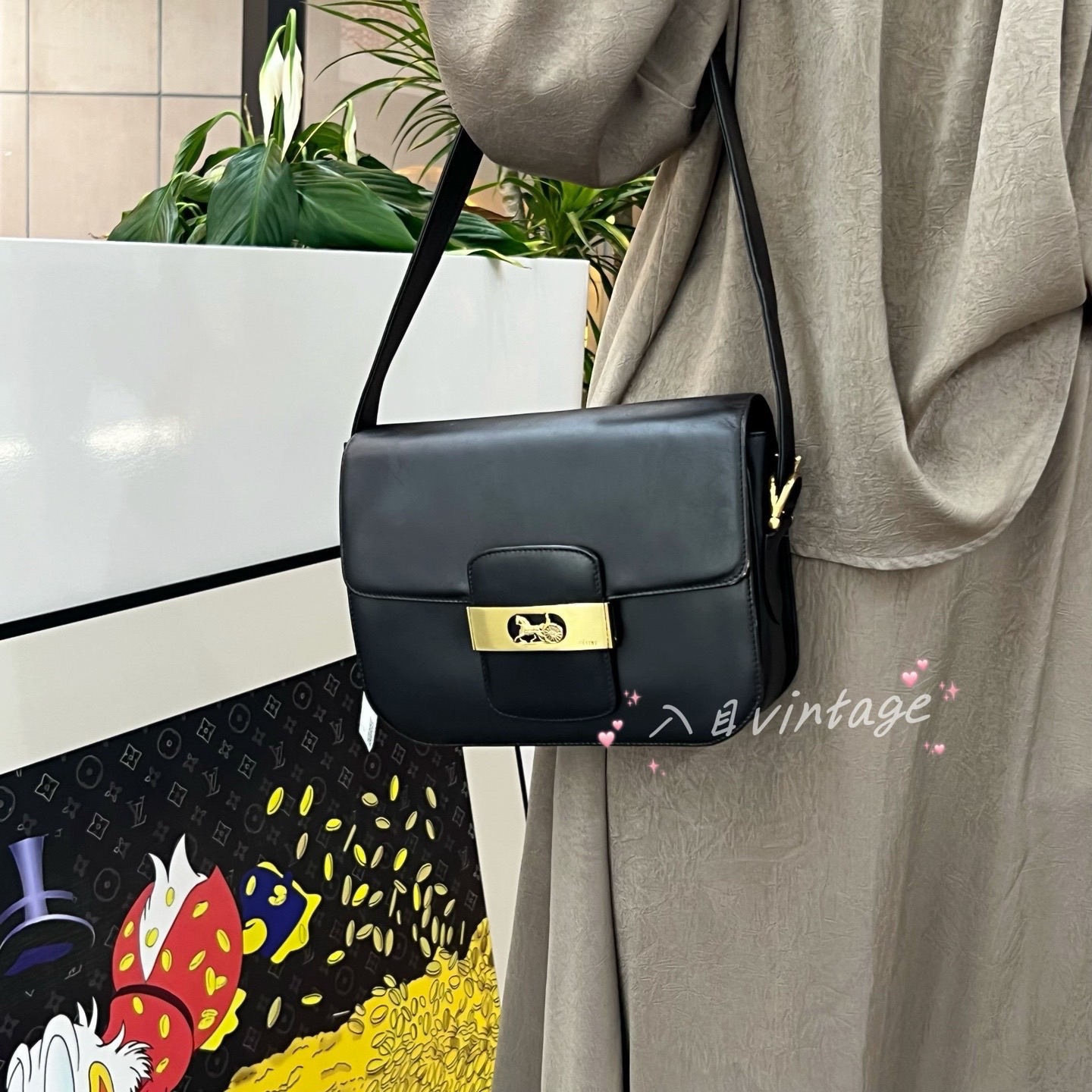 95新 Celine/思琳 入目 box黑金马车斜挎包 96380