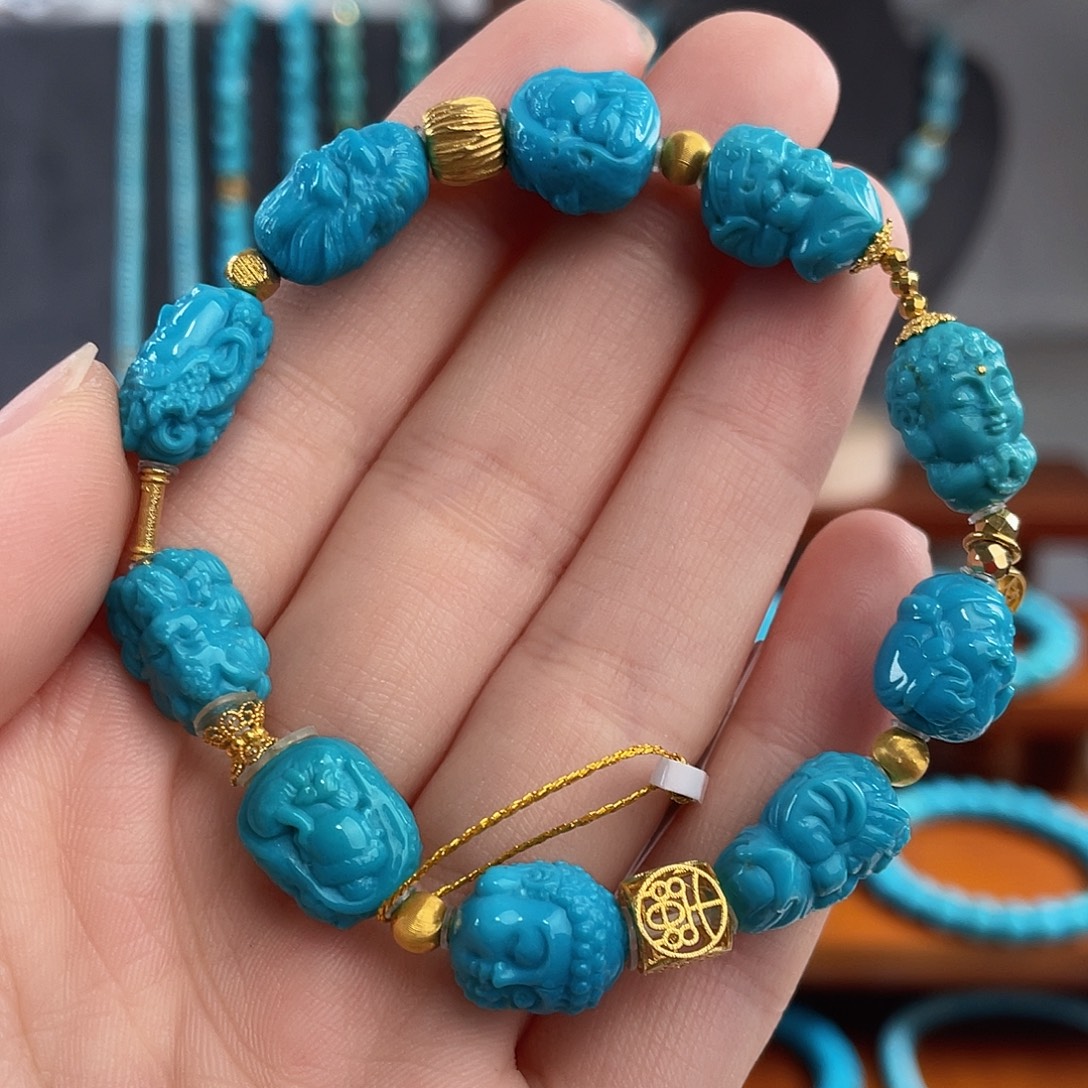 绿松石18K金镶嵌配饰玉化蓝多宝手串