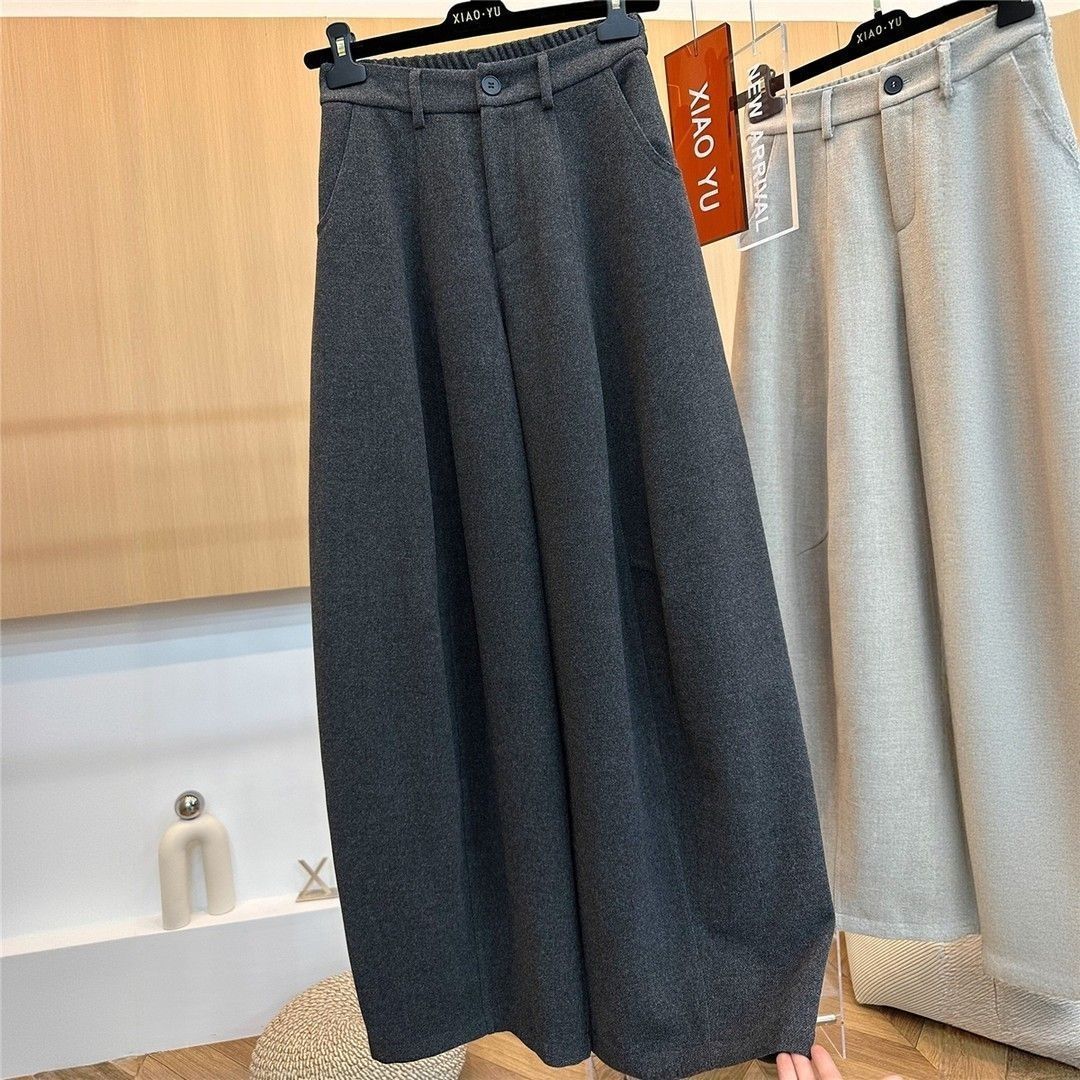 毛呢加绒加厚弯刀裤女冬季新款大码显瘦梨形身材宽松女士休闲长裤