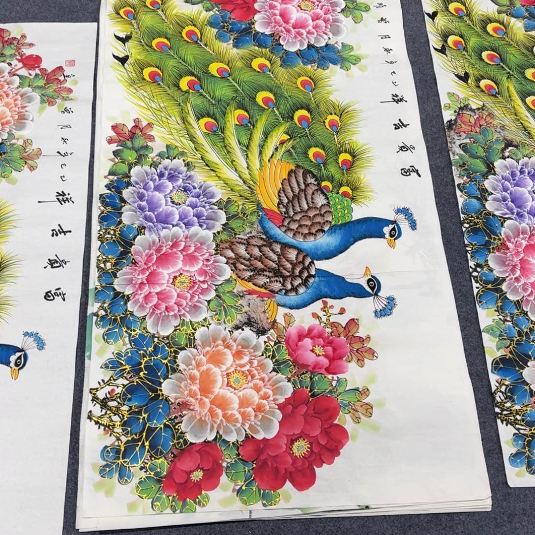 清***L国画140×70水晶金线牡丹孔雀画画