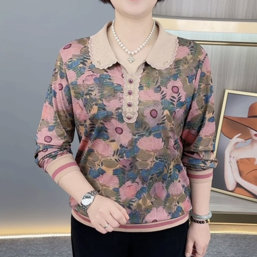 早秋新款时尚娃娃领烫钻印花气质妈妈装宽松显瘦百搭长袖上衣H607
