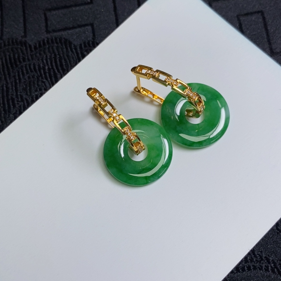 翡翠18K金镶嵌耳饰链条耳包➕甜甜圈