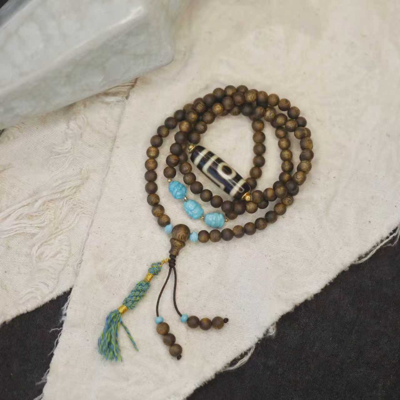 沉香麦麦【珈若】天然沉香+绿松三不+18K 项链 三眼天天 多样性发一