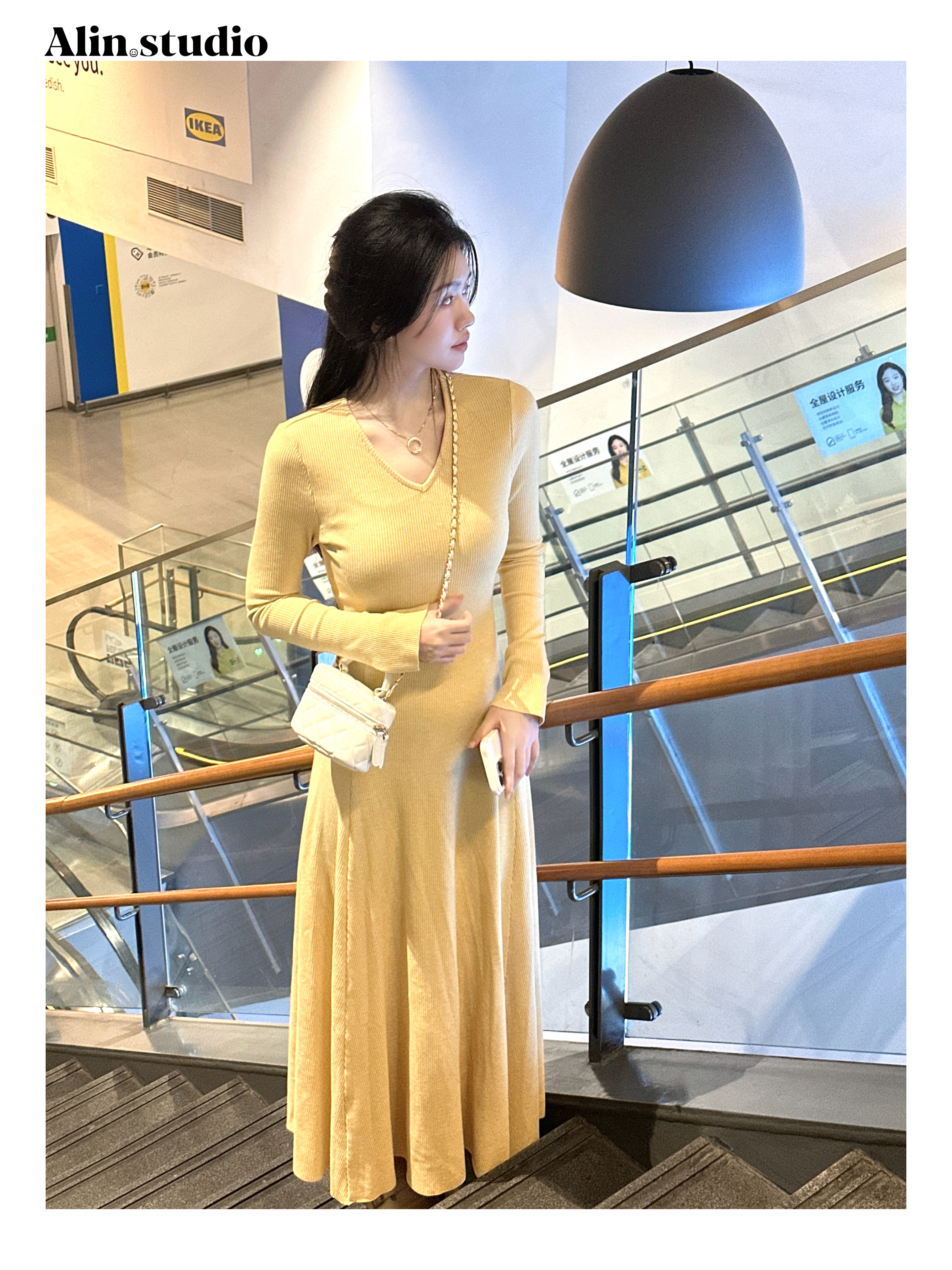 【Alin】心动～冬V领保暖长袖气质女人味时尚长款修身收腰显瘦连衣裙