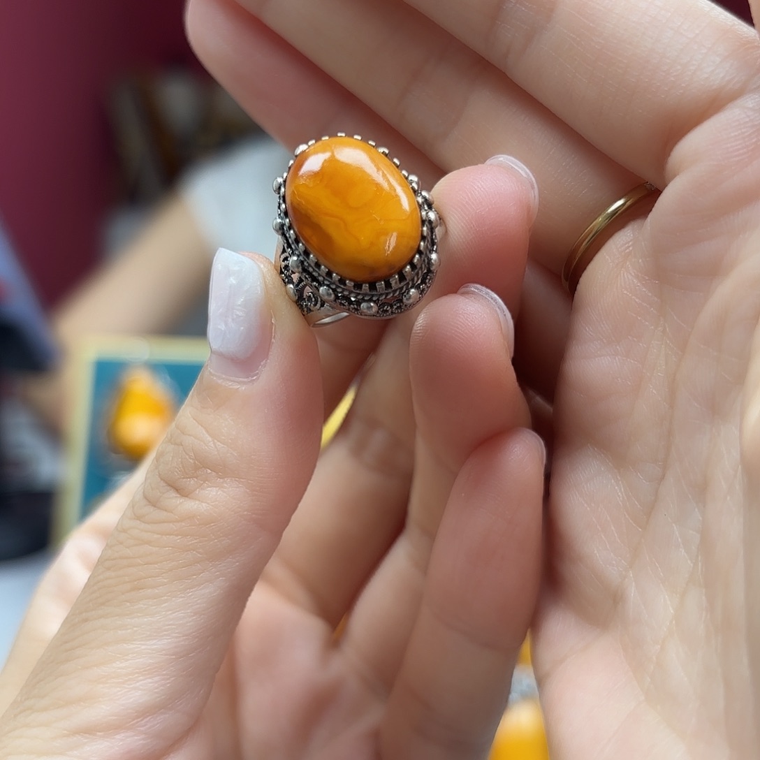 银S925镶嵌蜜蜡手链戒指