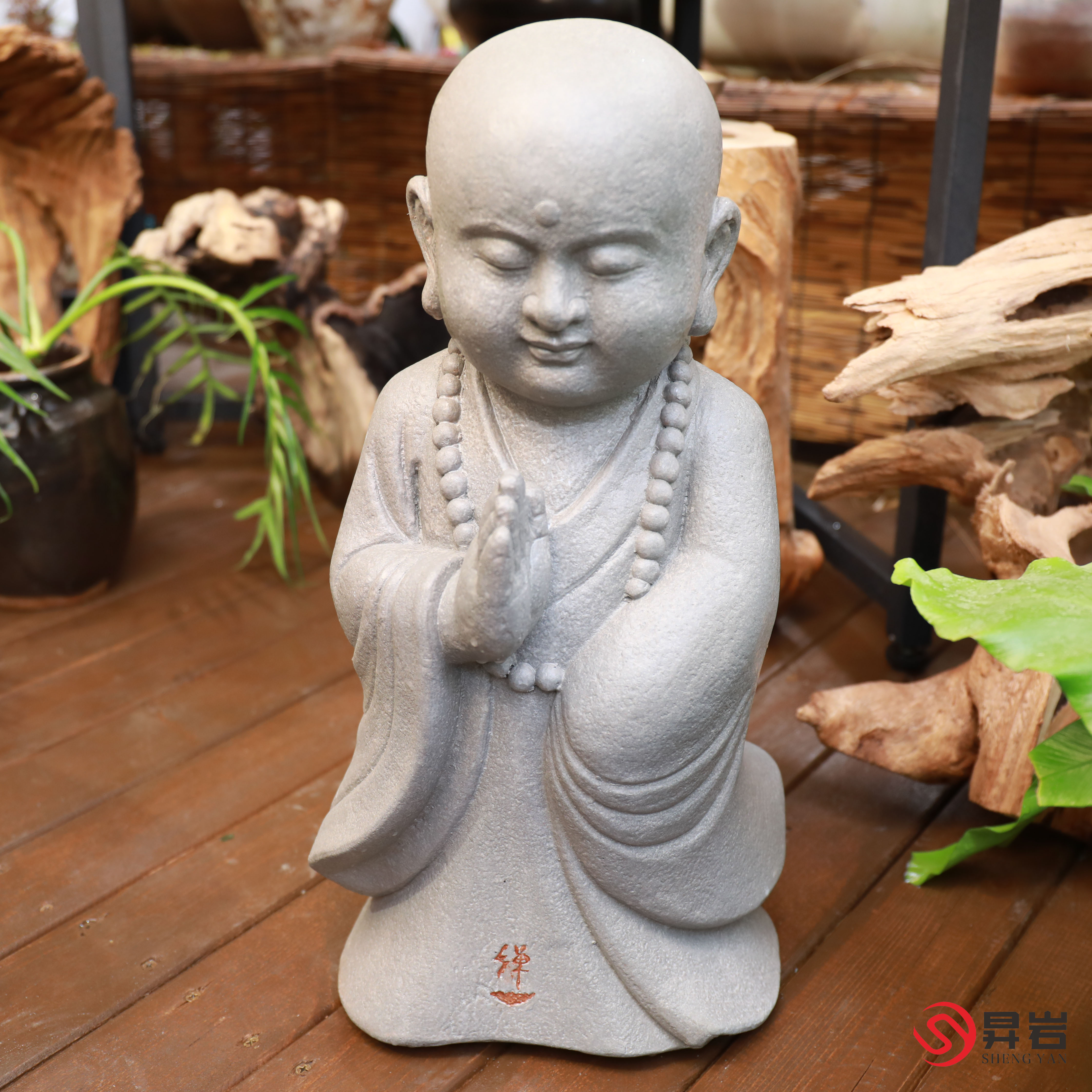昇岩沙弥禅意茶室庭院摆件中式复古纯手工小沙弥和尚
