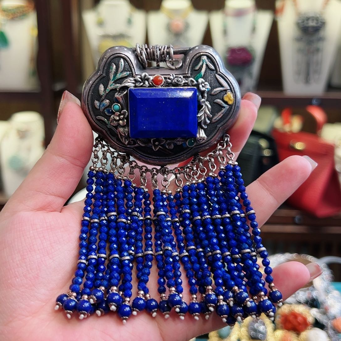 青金石颈饰银S925镶嵌古风