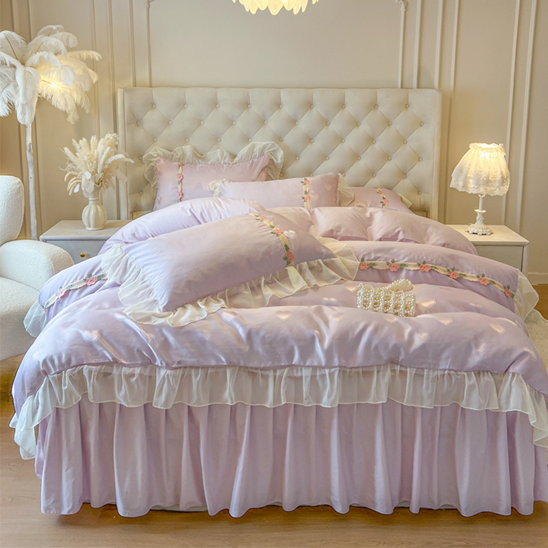 夏季轻奢全棉贡缎提花双层花边床裙纯棉粉色床裙凉感透气款四件套