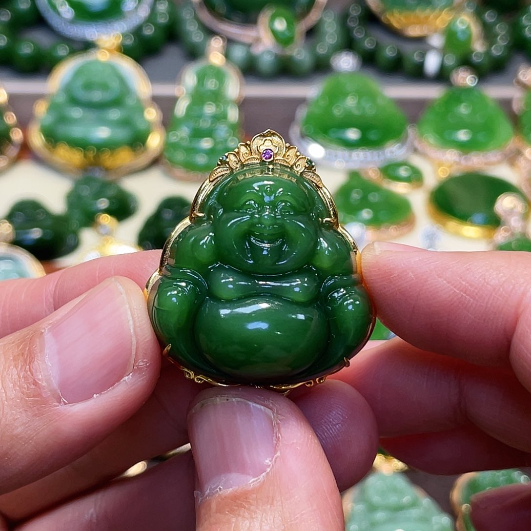 和田玉（碧玉）颈饰18K金镶嵌?****?佛公30mm